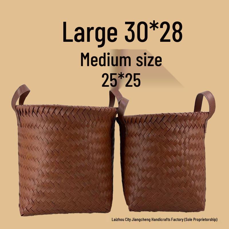 Hand-Woven Retro Faux Rattan Red Storage Basket with PU Handle - Large Capacity Laundry & Book Organizer