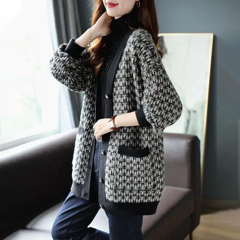 Sweater Coat for Women Knit Loose Stretchy Sweater V Neck Loose Thickened Tops Casual Oversize Cardigan Jacket