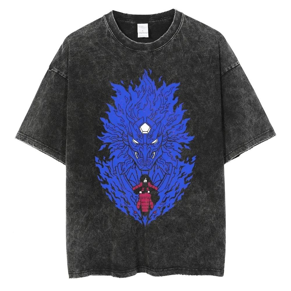 Sommer Kurzarm Baumwolle Herren Damen Streetwear Vintage Schwarz Gewaschenes T-Shirt Harajuku Anime Naruto Print T-Shirt Lockere Oberteile T-Shirts