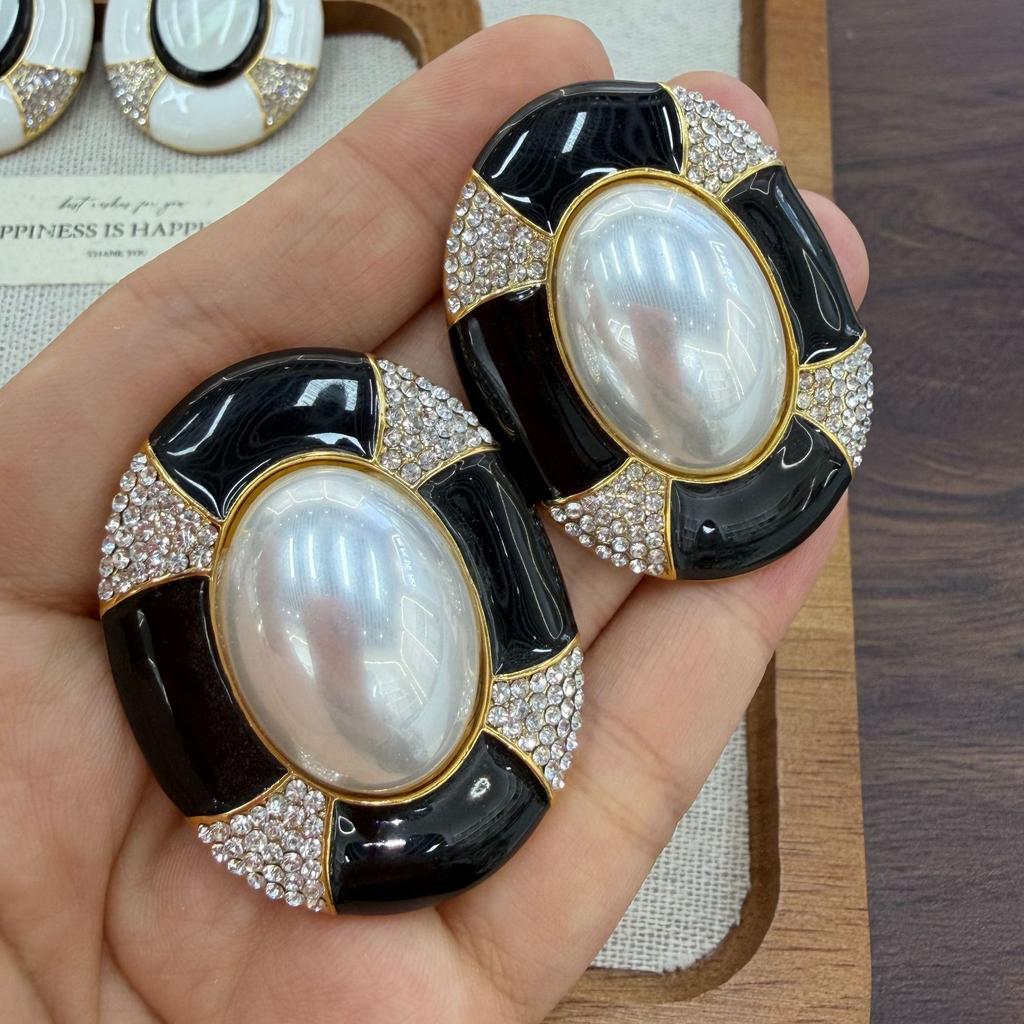 Retro Hong Kong Style Slightly Inlaid Zircon Enamel Glaze Large Earrings, Personality Trend Exaggerated Large Stud Earrings Fashion Earrings