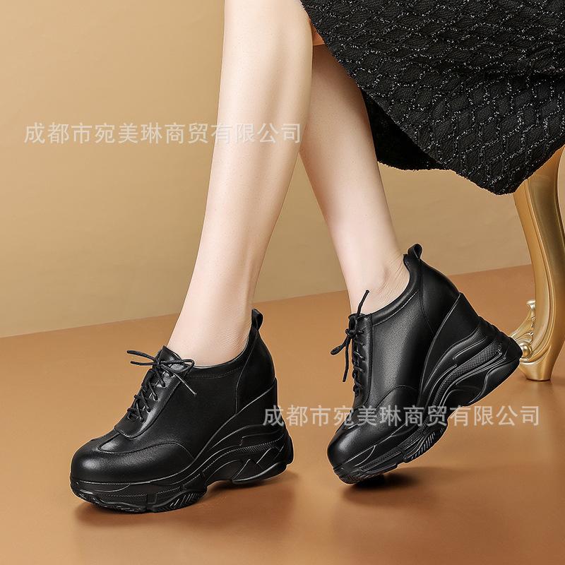 Muffin platform single shoes women's leather 2025 new round head lace-up wedge heel loafers British style heightening small leather shoes