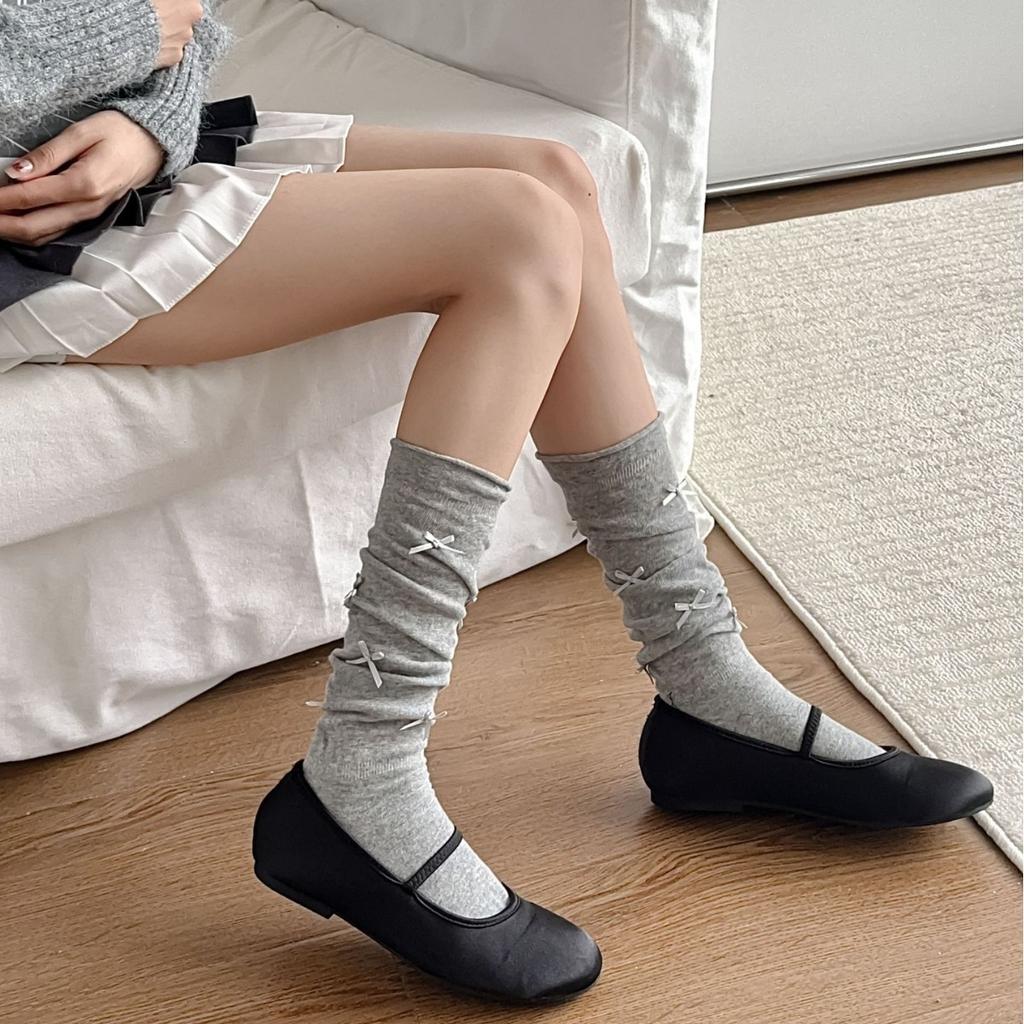 Season Thin Lace Bow Calf Socks Curled Edge Cute Korean Solid Color Girl Style Stacking Socks