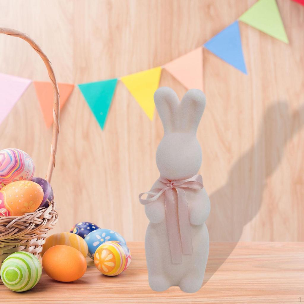 Flocked Easter Bunny Figurine Statue Sculpture with Bowknot for Indoor Desktop