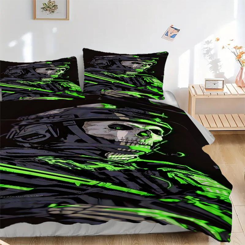 

3 шт. Неоново-зеленый Череп Военная форма Домашний постельный комплект - Универсальный трехкомпонентный костюм для спальни, гостевой комнаты, гостиной, отеля - Идеальный подарок 135x200cm
