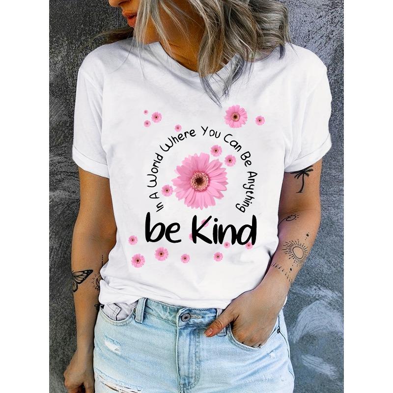 Women Crew Neck Short Sleeve T-shirt Flowers Letter Be Kind Print Casual Daily Wear Top