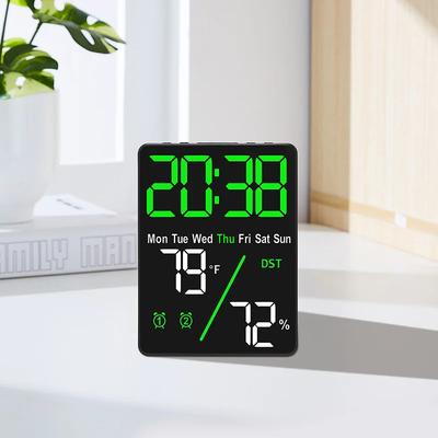 Digital Alarm Clock TEMP Humidity Date Week Disply 2 Alarm Snooze Electronic Table Clock 3-level Brightness 12/24H DST LED Clock