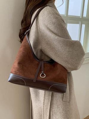 2025 Retro Colorblock Suede Tote: Women's Versatile Shoulder & Underarm Bag