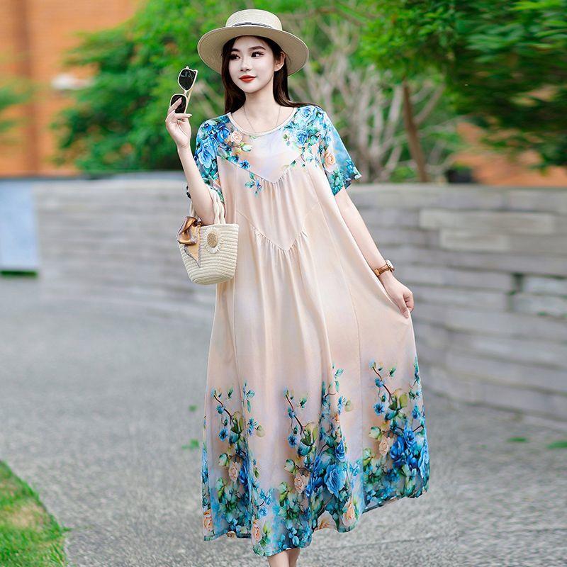 Summer Women's Plus Size Dress Loose Round Neck Floral Dress Soft Skin-friendly Breathable Long Dress