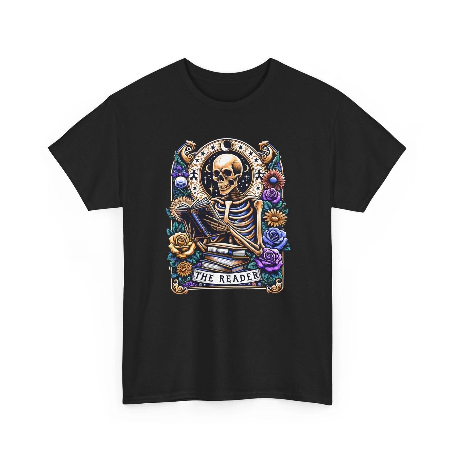 Book T-Shirt | Funny Reading Shirt | Tarot Card Skeleton Book T-Shirt 4XL