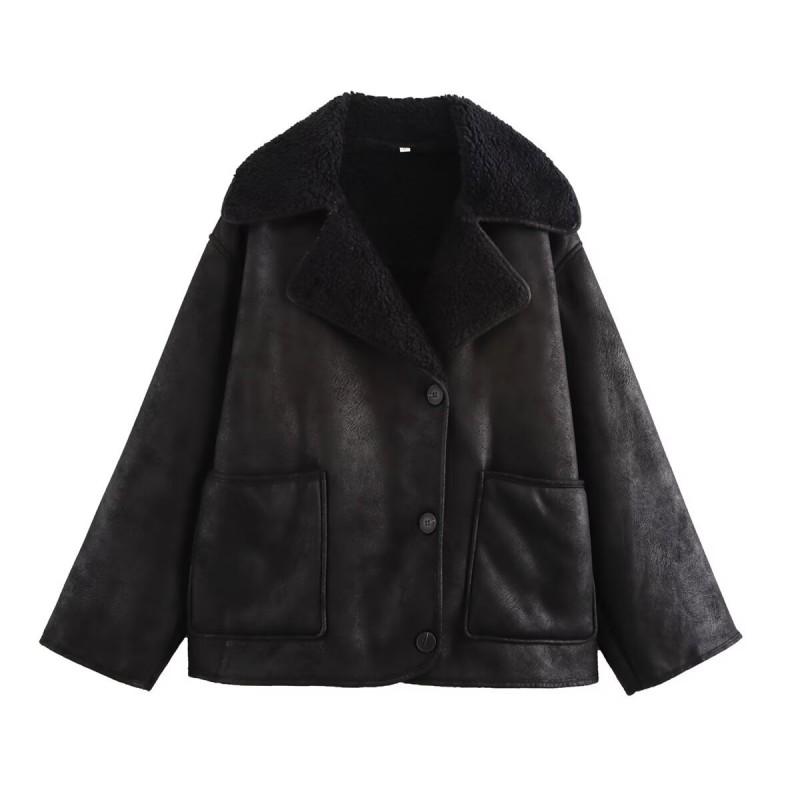 Womens Faux Fur Double-Sided Coat French Style Versatile Button Front Mid-Length Streetwear