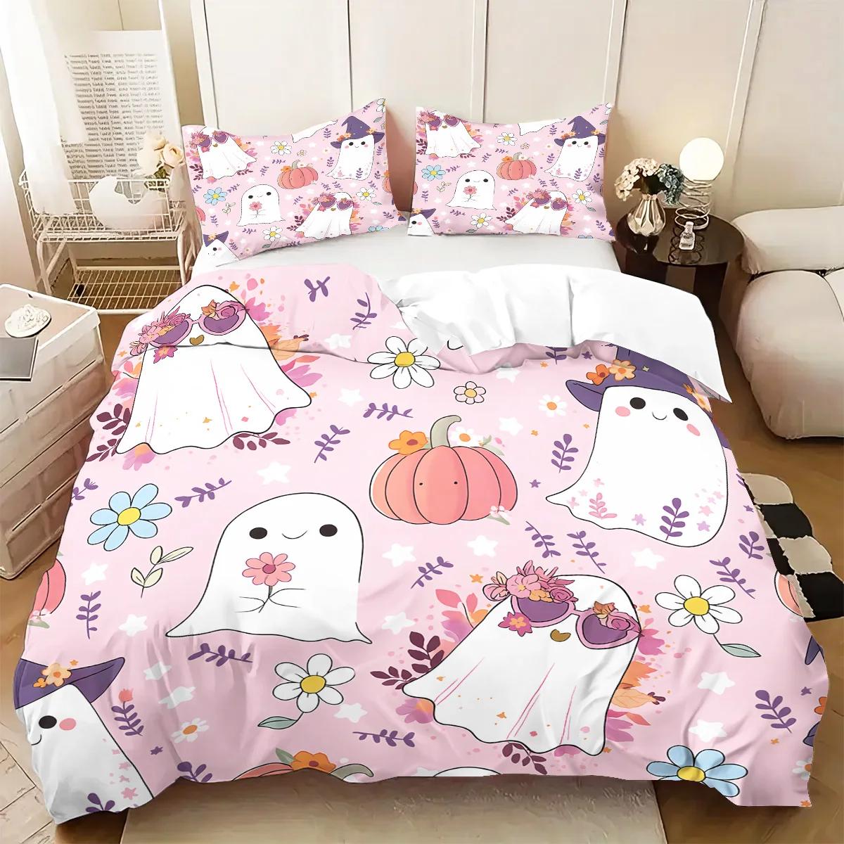 

Pink Ghost Pattern Duvet Cover Set 3pcs Halloween 1 Duvet Cover+2 Pillowcases No Core. Soft and Comfortable Bedding Set EU Twin(135x200cm)