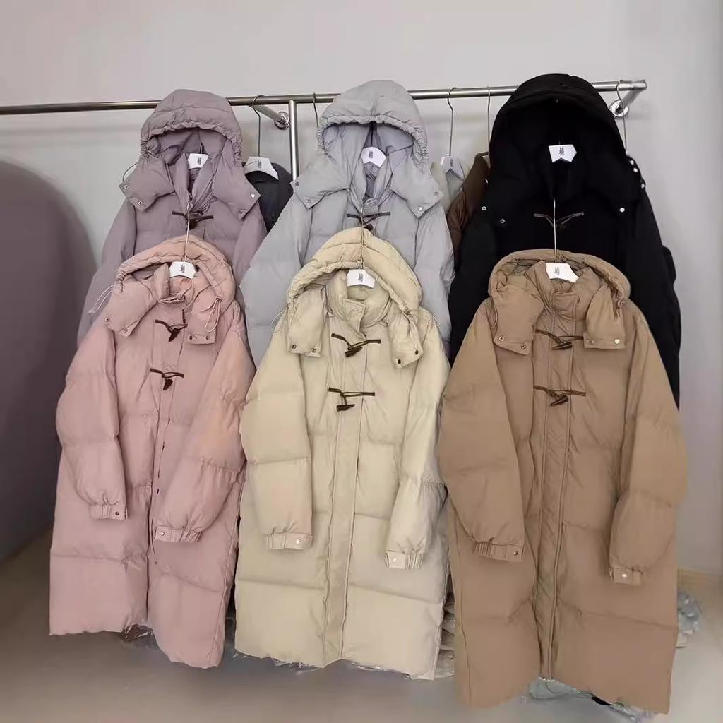2024 Long Hooded Over Knee Down Jacket Women's Loose Skinny Sweet Fashion College Wind Corner Button Winter Jacket