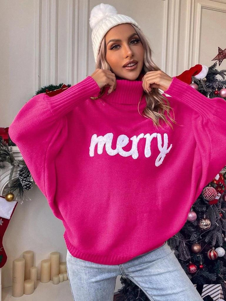 Women's European and American Loose Bat Sleeve Christmas Turtleneck Sweater