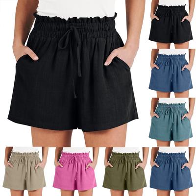 Leinenshorts für Damen, für den Sommer, Strand, lässig, bequeme Shorts, elastische Taille, leichte Shorts mit Kordelzug, lässige Shorts mit Taschen