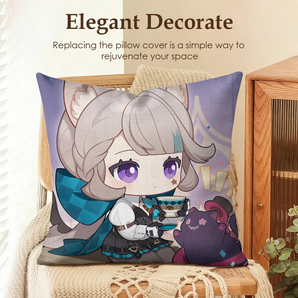 Lynette Cute Genshin Impact Cushion Cover Natural Linen Organic Fabric Double-Sided Printing Sofa Home Decor Gift Pillow Case