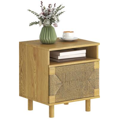 Bohemian Nightstand with Paper Rope Door Open Shelf Push-to-Open 45x39x50 Cm Oak