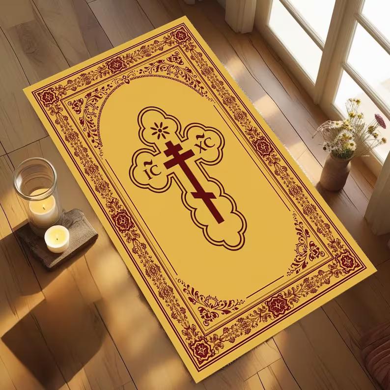 

Classical Floral Orthodox Cross Decor Rug | Christian Prayer Mat Byzantine Art Orthodox Cross Prayer Rug | Christian Mat 40cm x 60cm