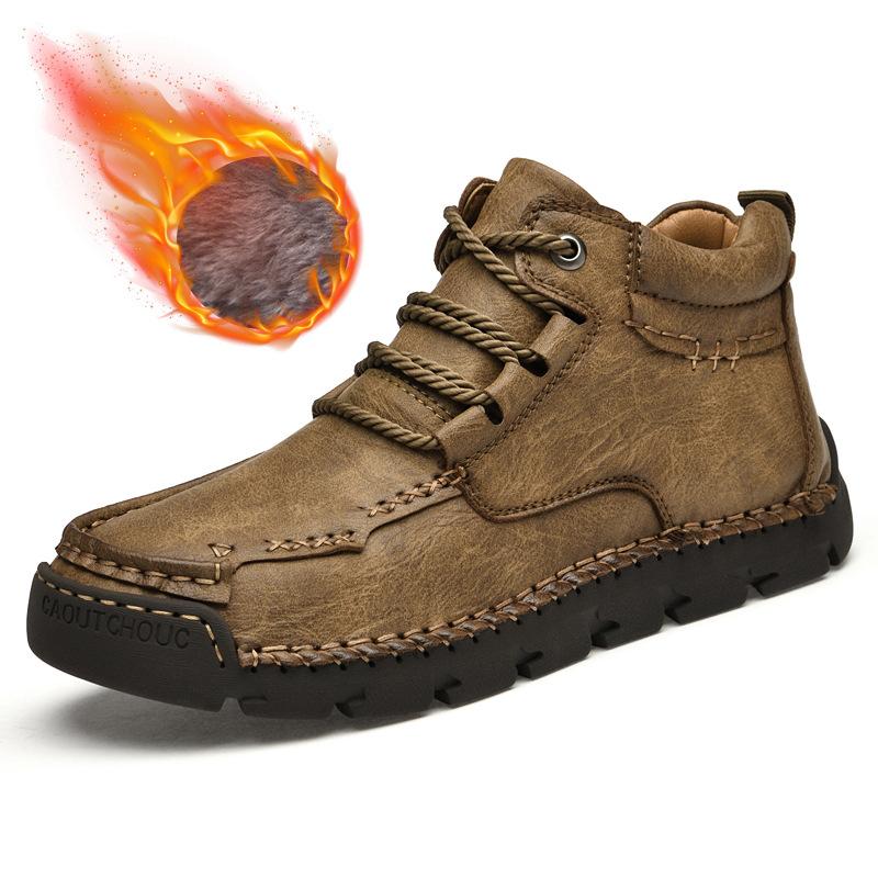 Martin Boots Men's Hand-stitched High-top Leather Shoes Men's Velvet Warm Cotton Shoes Large Size Retro Leather Boots