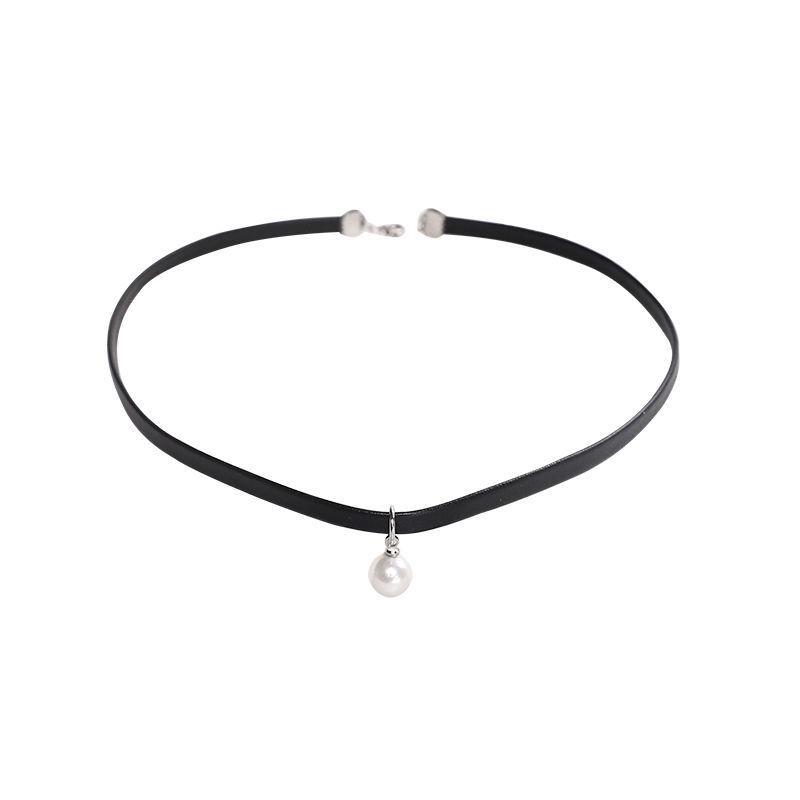 Chocker Pearl Collar Necklace Leather Rope Necklace Stainless Steel Metal Choker Collarbone Chain Neck