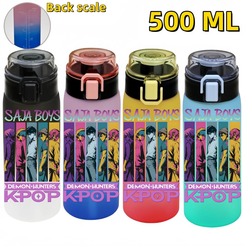 KPop Demon Hunters Sports Water Bottle Portable Leak Proof Plastic Cup Level Line Outdoor Fitness 500ML with for Kid Friendly Entertaining Fun Play