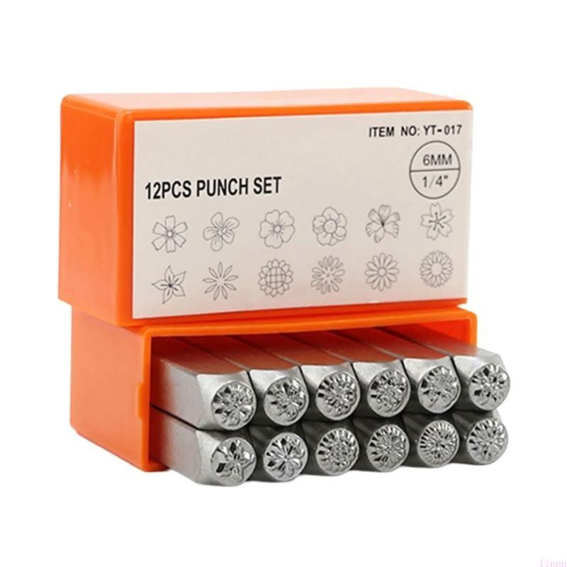 12 Stück Metallbuchstaben-Set 1/8” 1/4” Stahlblumenstempel-Set Stempelwerkzeug zum Prägen von Metall, Lederhandwerk