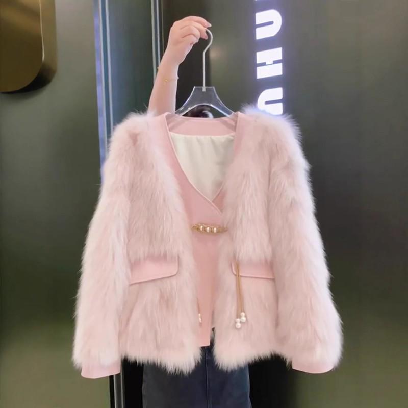 Womens Faux Fur Coat With V-Neck Elegant Chic Style Long Sleeve Warm Outerwear Winter 2026