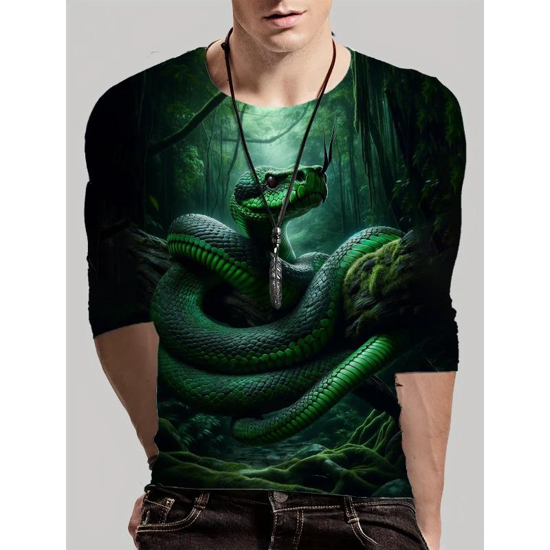 Round Neck 3D Snake Printed Top Casual Long Sleeved Men's T-shirts - Soft Medium Stretch Polyester Fabric Spring and Autumn Relaxed Fit Clothing