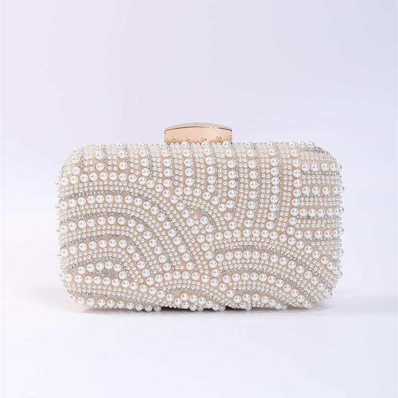 Ladies Pearl Elegant Evening Bag Able Stylish Beading Wedding Dinner Party Banquet Dress Clutch Bag with Long Chain Purse