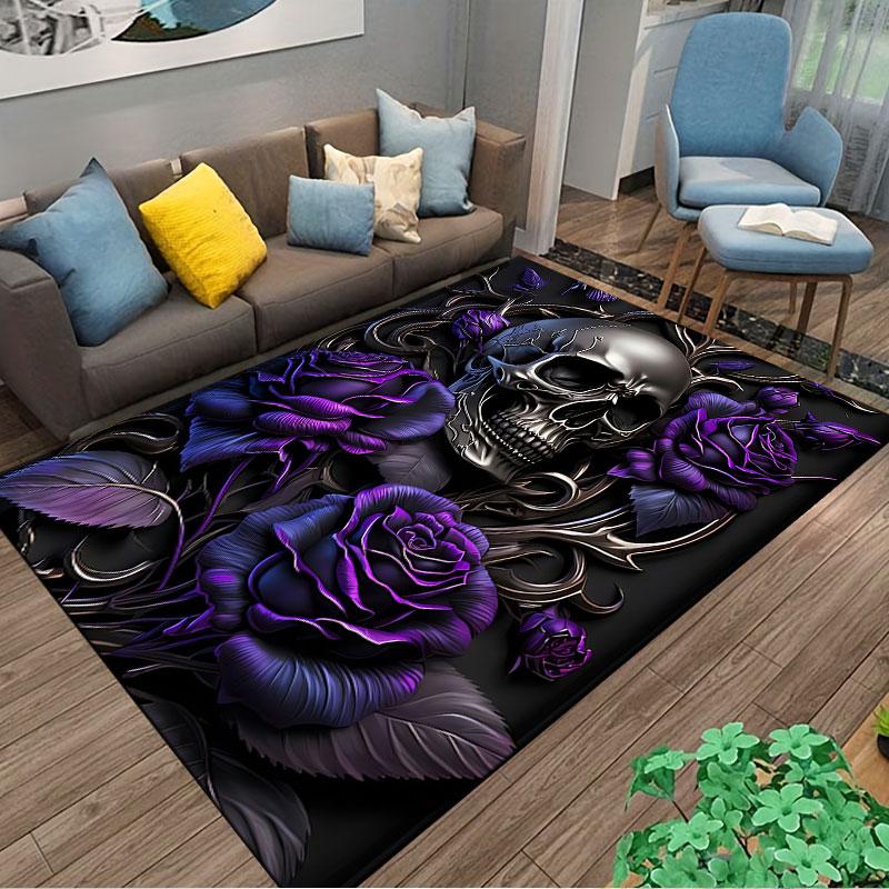 Skull with Purple Roses Artwork suitable as a non-slip mat for the living room or bedroom sofa