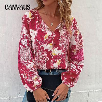 Spring and Autumn Women's Shirt Casual Printed Shirt Fashion Tie Bubble Sleeve Long Sleeve Shirt