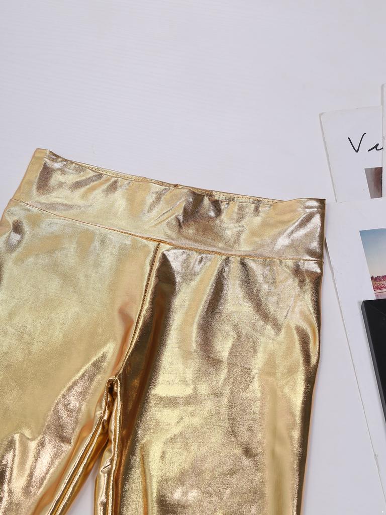 Girls Performance Pants Elastic Waistband Bronzing Cloth High Waist Design Ruffle Hem Bell Bottom