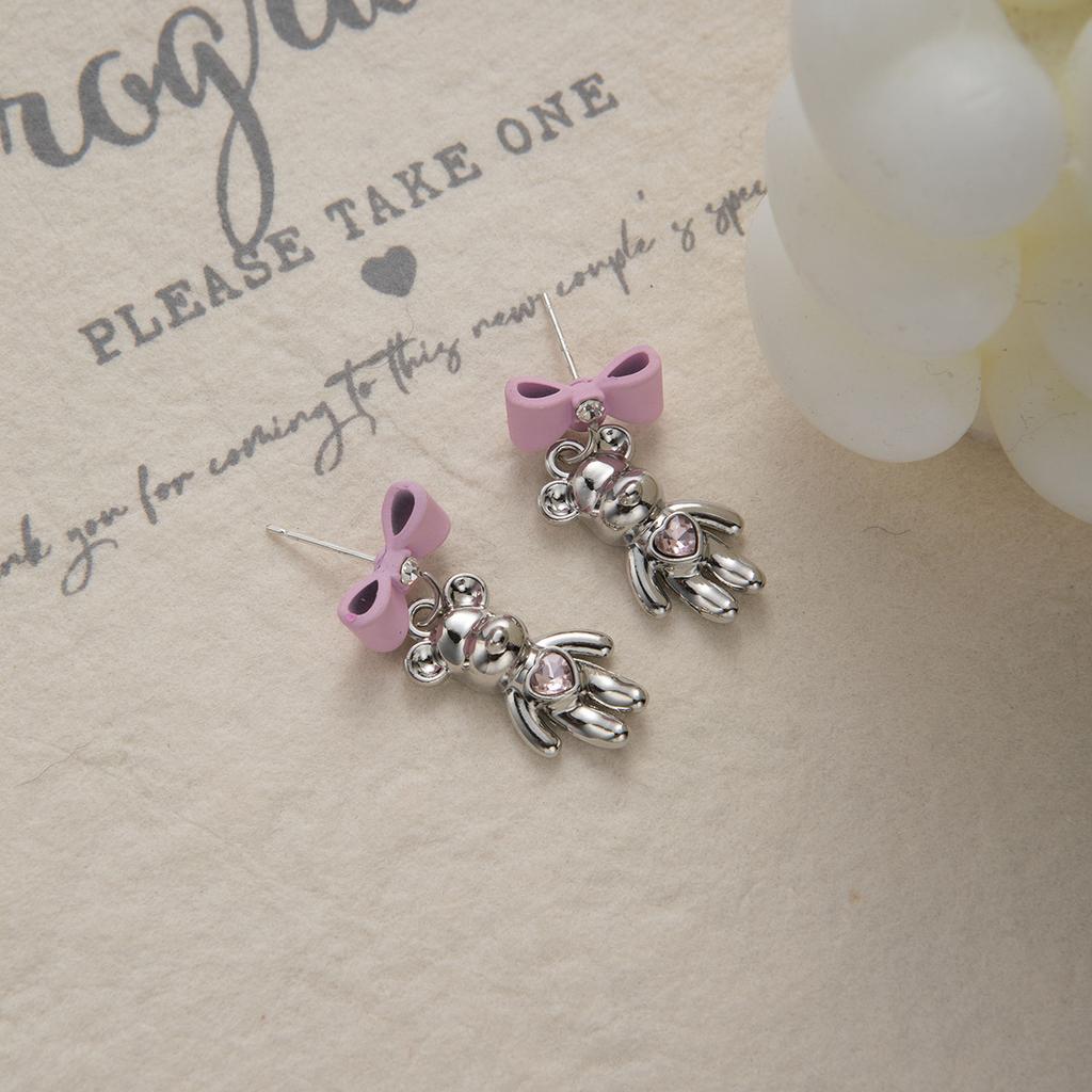 Personalized Niche Daily Glossy Love Bear Stud Earrings, Metal High-End Bow Earrings