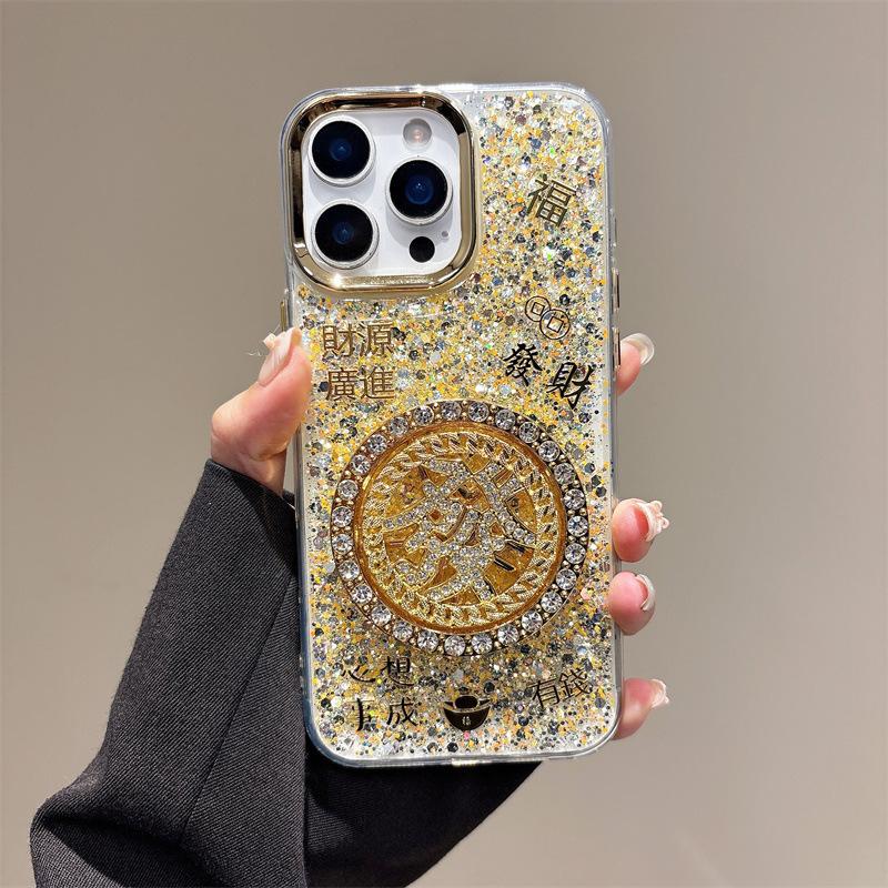 

Applicable Iphone17 Pro Year Of The Horse Fa Cai New Year Mobile Phone Case Apple 16 Rotating Fun Rhinestone Turntable Gold Foil iPhone 17Promax