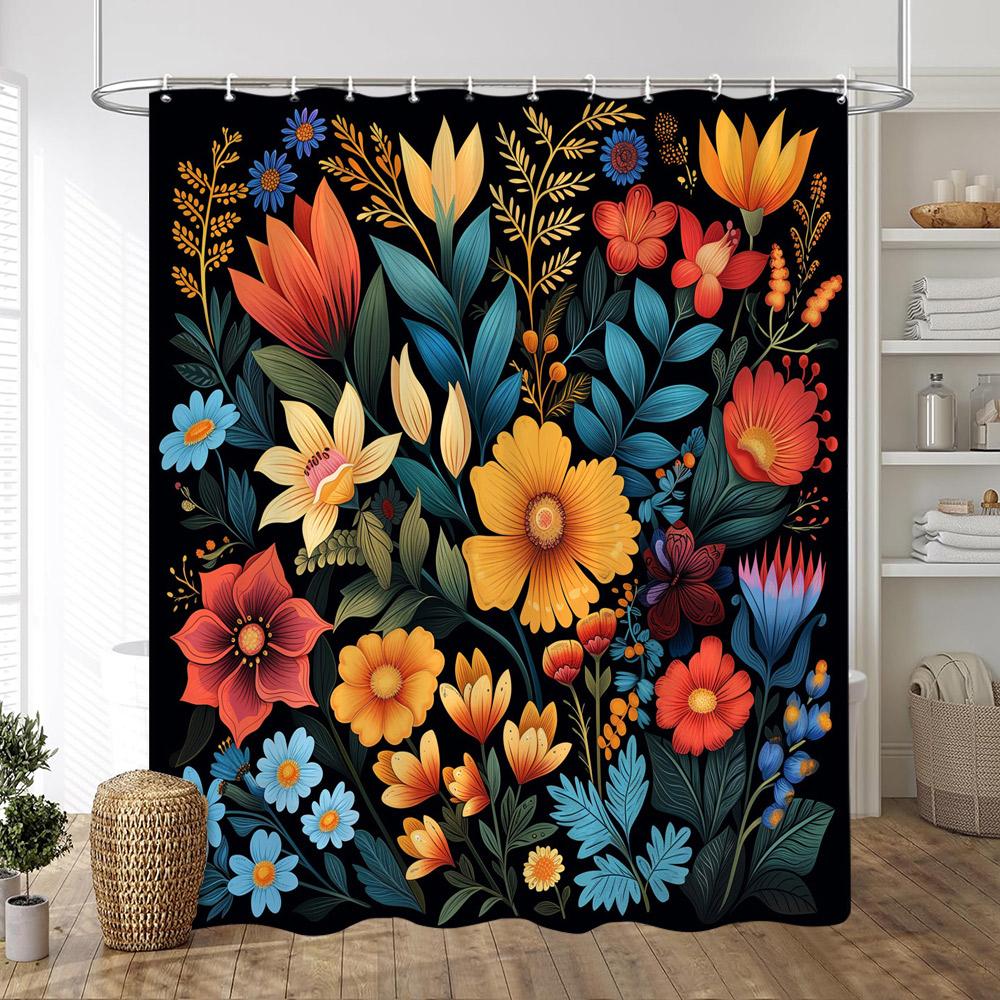 Black Background On Colourful Flowers Shower Curtain Vintage Style Artistic Creativity Print Fabric Bath Curtains Bathroom Decor