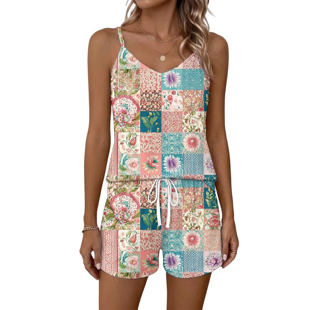 Women Summer Casual Two Piece Set Sleeveless Tank Top with Square Neck and Printed Shorts with Pockets Lightweight Lounge Outfit