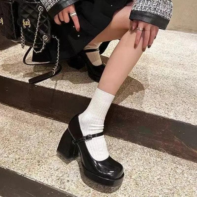 

Fashion Fashion Shoes Female 2025 Summer Women s Mary Janes High Heels Round Toe Buckle Strap Dress Pumps Women with Shallow Chunky Heel 40 чёрный