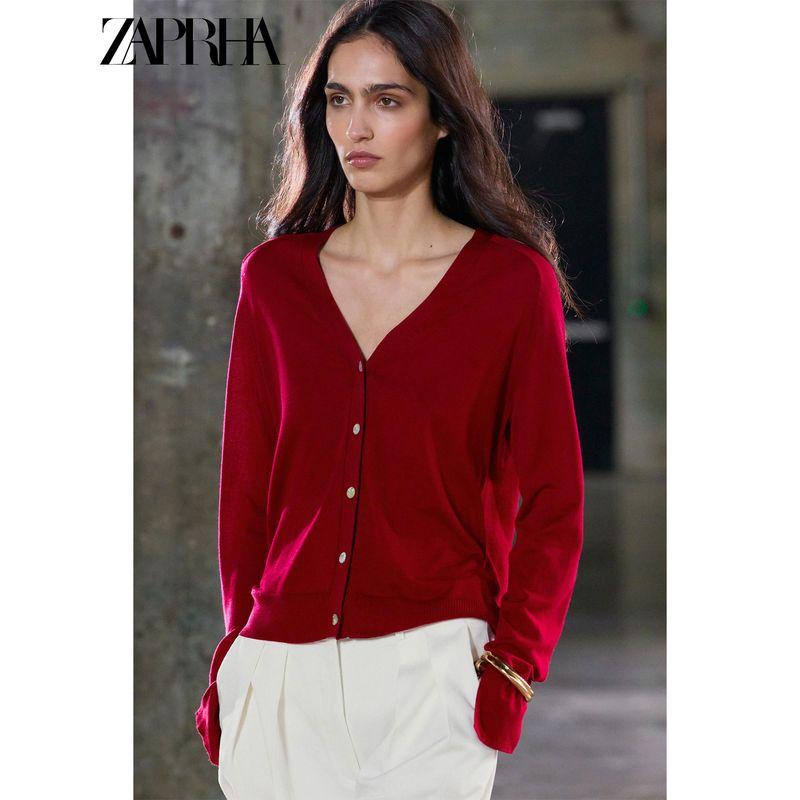 Zaprha 2025 Summer New Single Row Multi-Buckle Decoration Long sleeve V-neck Fine Needle Knit cardigan Outerwear 9598088