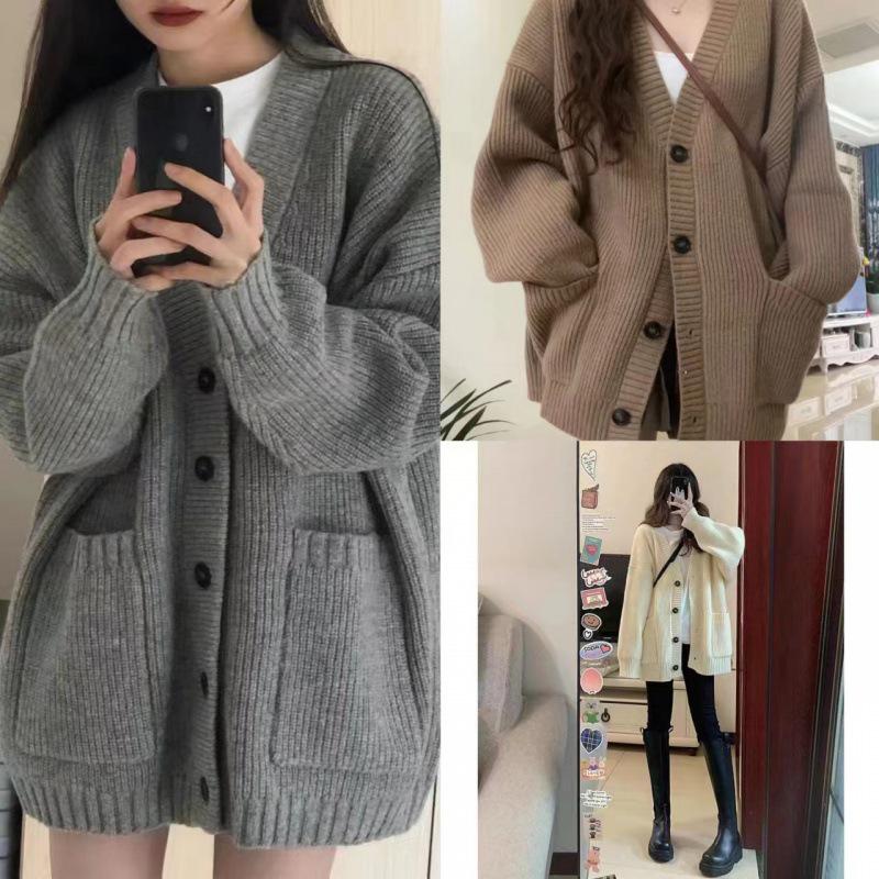 2025 Plus Size V-Neck Knit Cardigan: Loose, Mid-Length, Pocket Sweater Coat, Lazy Korean Style, Autumn Collection for Women