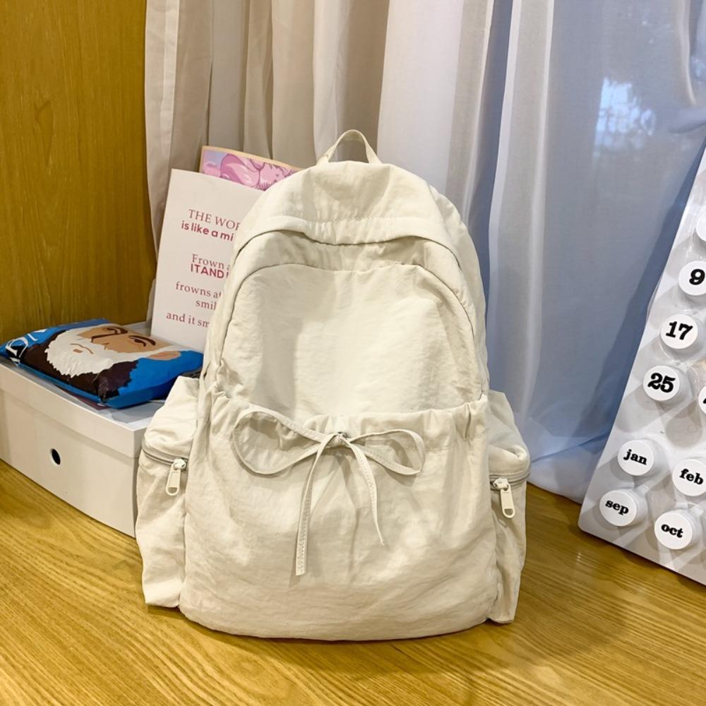 Sweet Nylon Lightweight Backpack Solid Color Travel Shoulders Bag Bow Wrinkle Backpack Women