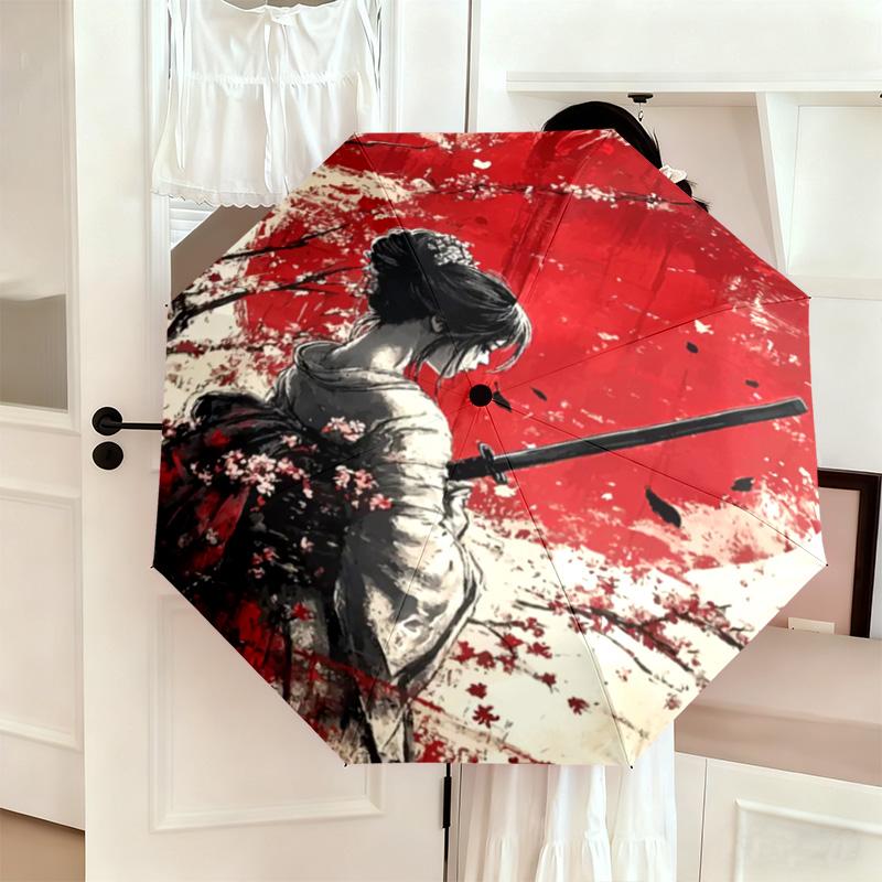 1PC Samurai Sunset Blossoms Automatic Umbrella - Suitable Travel Outdoor Portable Umbrella Birthday Gift Daily Essentials