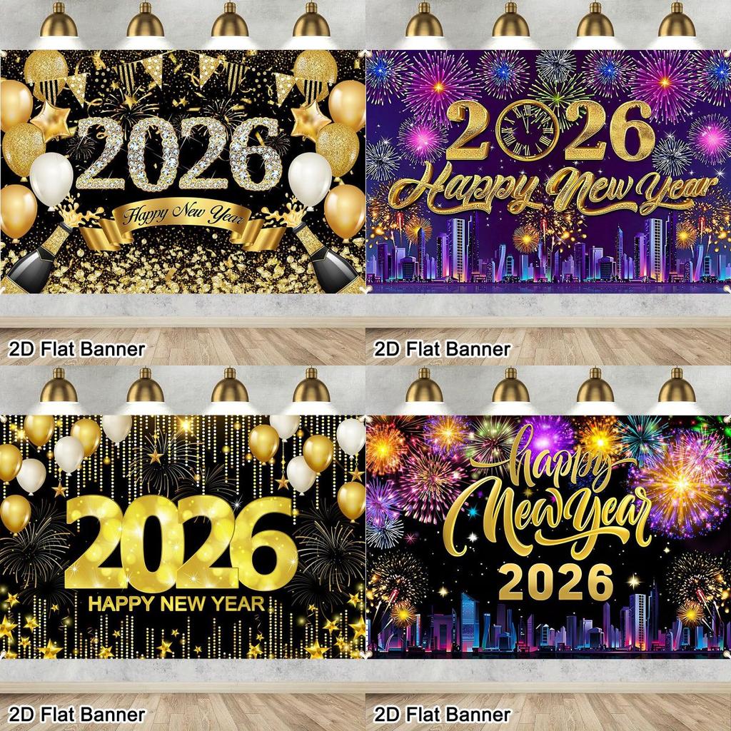 2026 Happy New Year Backdrop Banner Fireworks Black Gold New Year Celebrations Christmas Party Photo Background Decoration Gifts