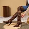 Women'S Boots Over The Knee Boots Autumn And Winter European And American Large Size Leopard Print Pointed Sexy High Heels Over The Knee Elastic Boots