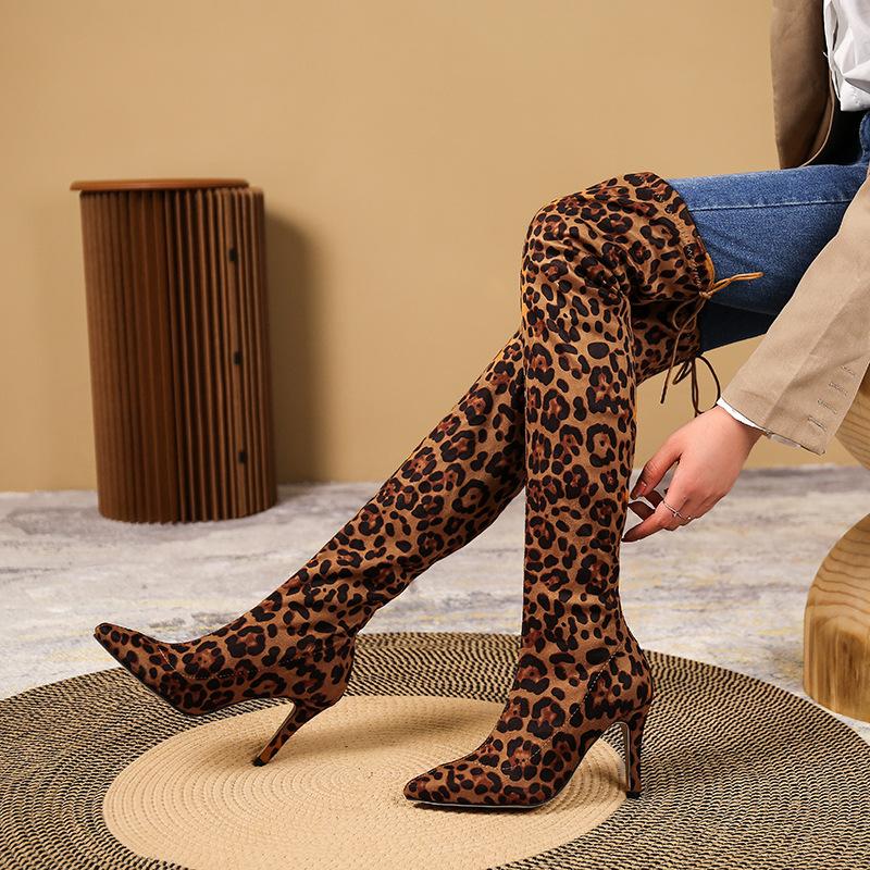 Women'S Boots Over The Knee Boots Autumn And Winter European And American Large Size Leopard Print Pointed Sexy High Heels Over The Knee Elastic Boots