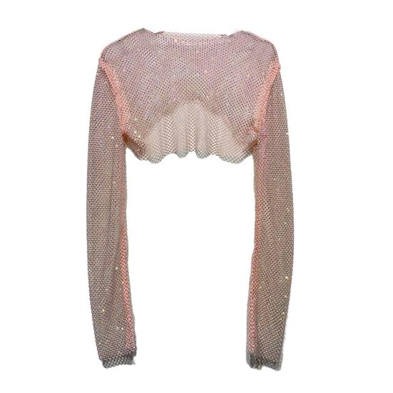 Women Crop Top Rhinestone Decor Hollow Out Short See-through Long Sleeve Round Neck Waist-exposed Clubwear Party Top