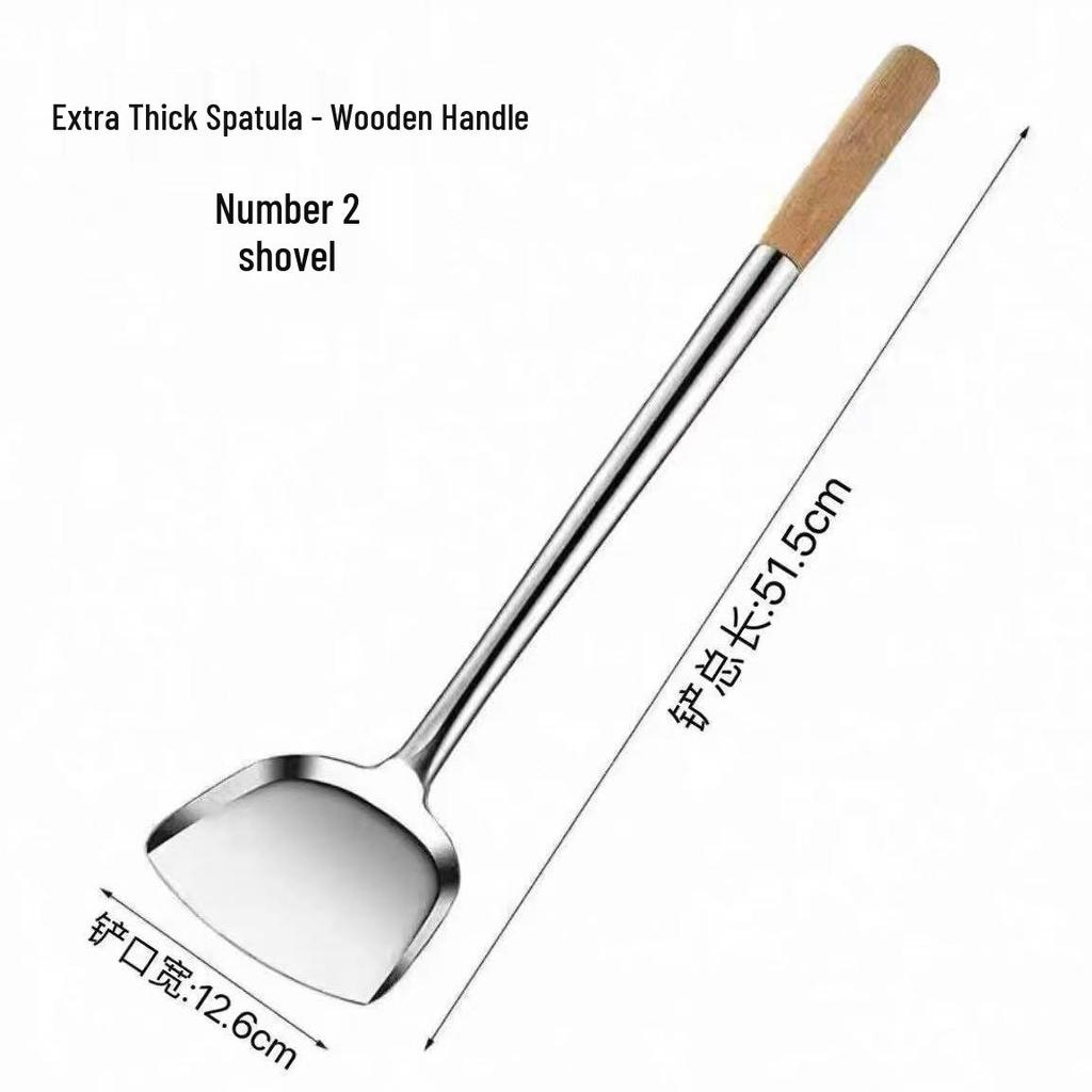Chef's Long Spatula & Spoon - Wooden Handle, Stainless Steel, Ideal for Stir-Fry & Soup, Thickened for Durability, Perfect Kitchen Tool