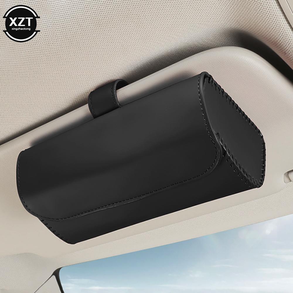 PU Leather Car Visor Sunglasses Case Clip Hanger Magnetic Fastener Sunglasses Holder Storage Box Eyeglasses Holder Car Interior