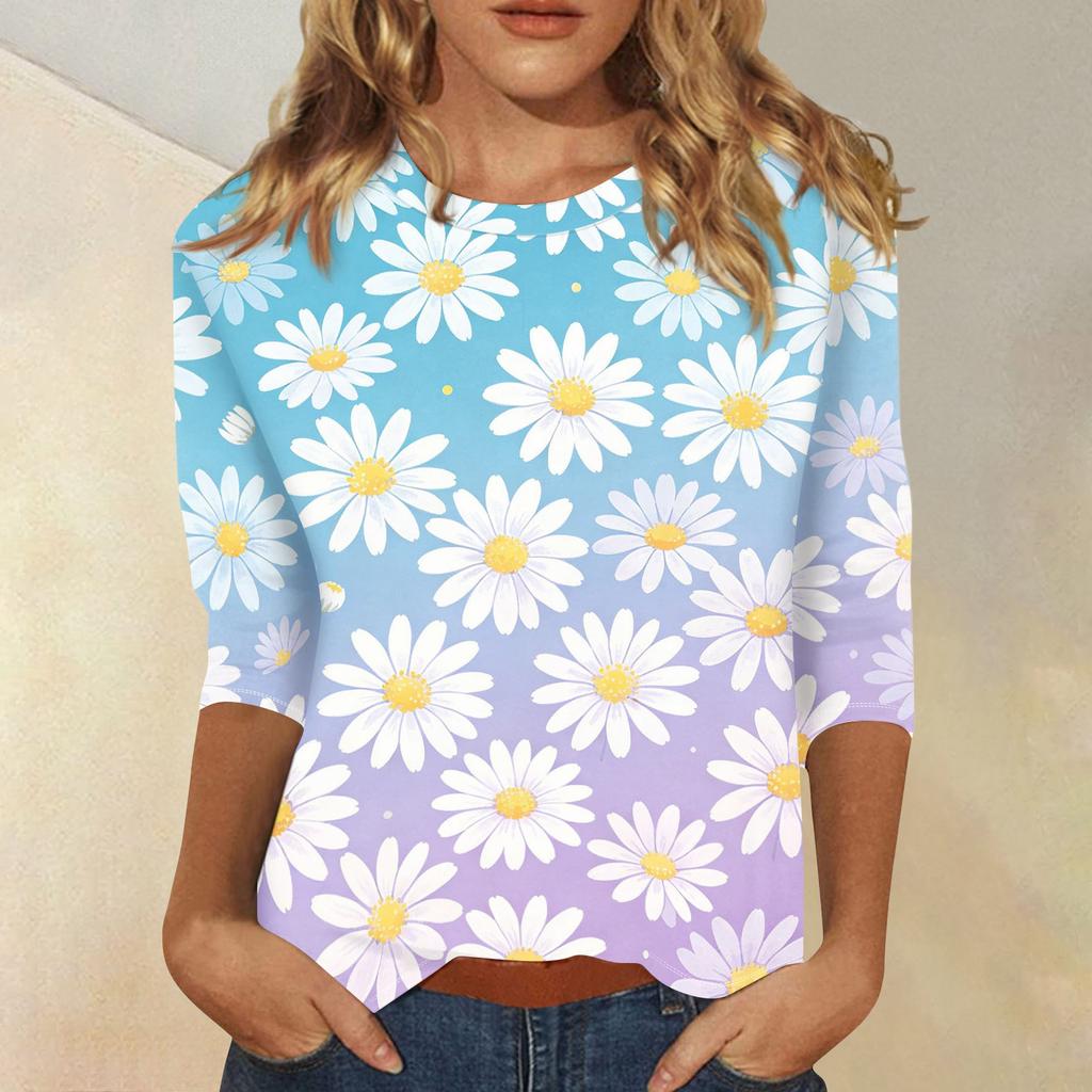 Women Casual Floral Print Three Quarter Sleeve Round Neck Shirt Lightweight Comfortable Top for Everyday Wear