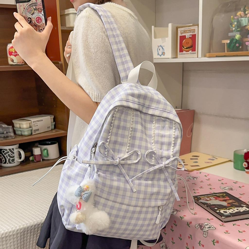 Schoolbag Fresh Light Blue Plaid Bow Girl Heart Backpack Primary School Students Literature Class Shopping Travel Versatile Schoolbag