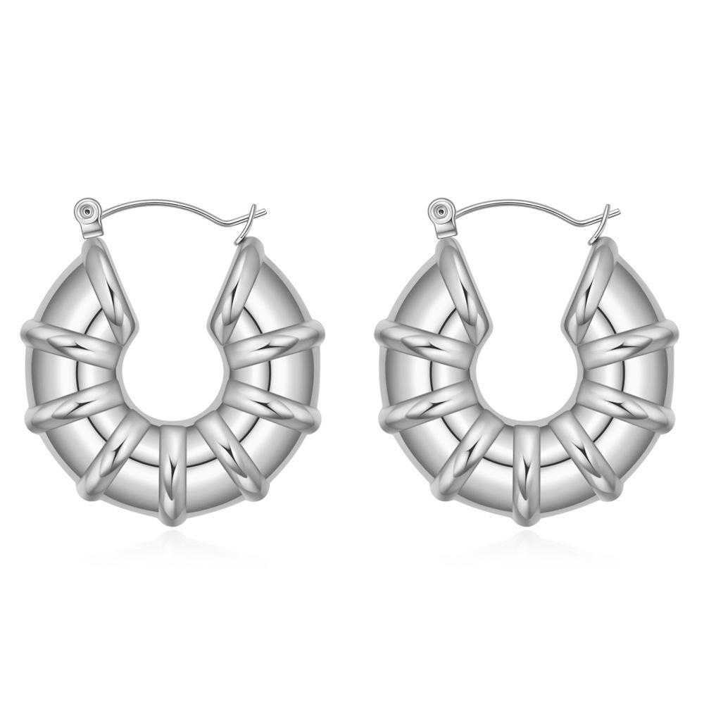 Retro Geometric U-Shaped Striped Earrings - 29MM Stainless Steel Studs for Women