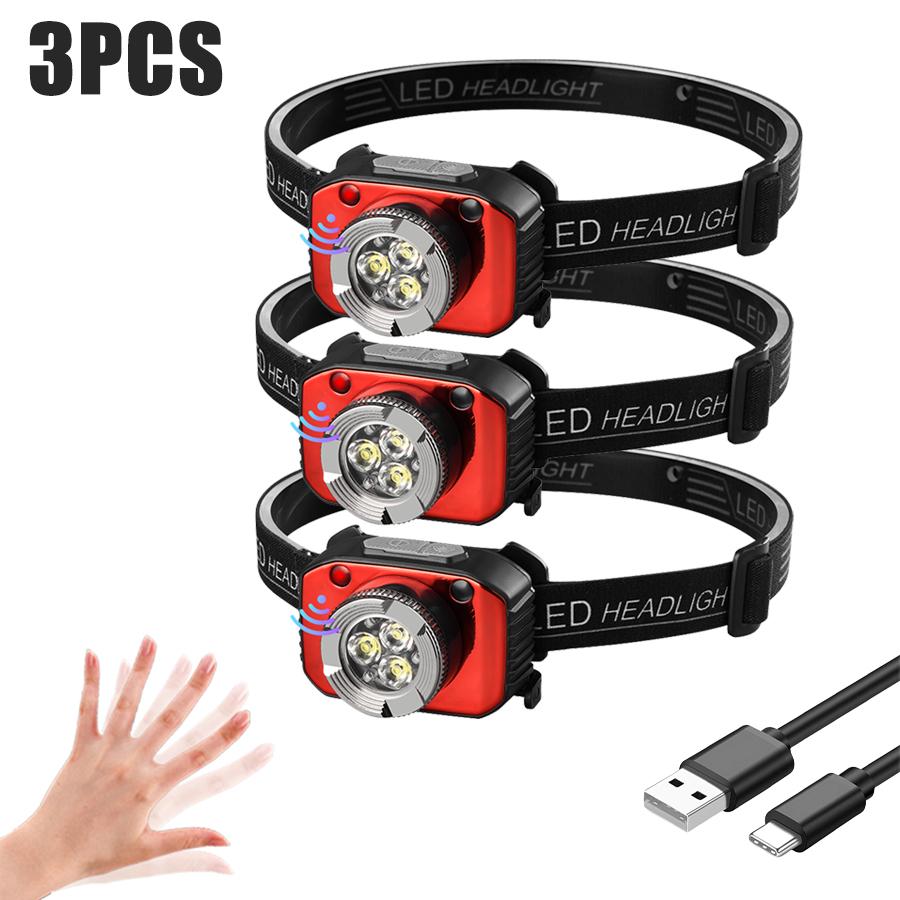 Powerful 3LED Motion Sensor Headlamp Rechargeable Head Flashlight Built In Battery Outdoor Portable Camping Fishing Headlight